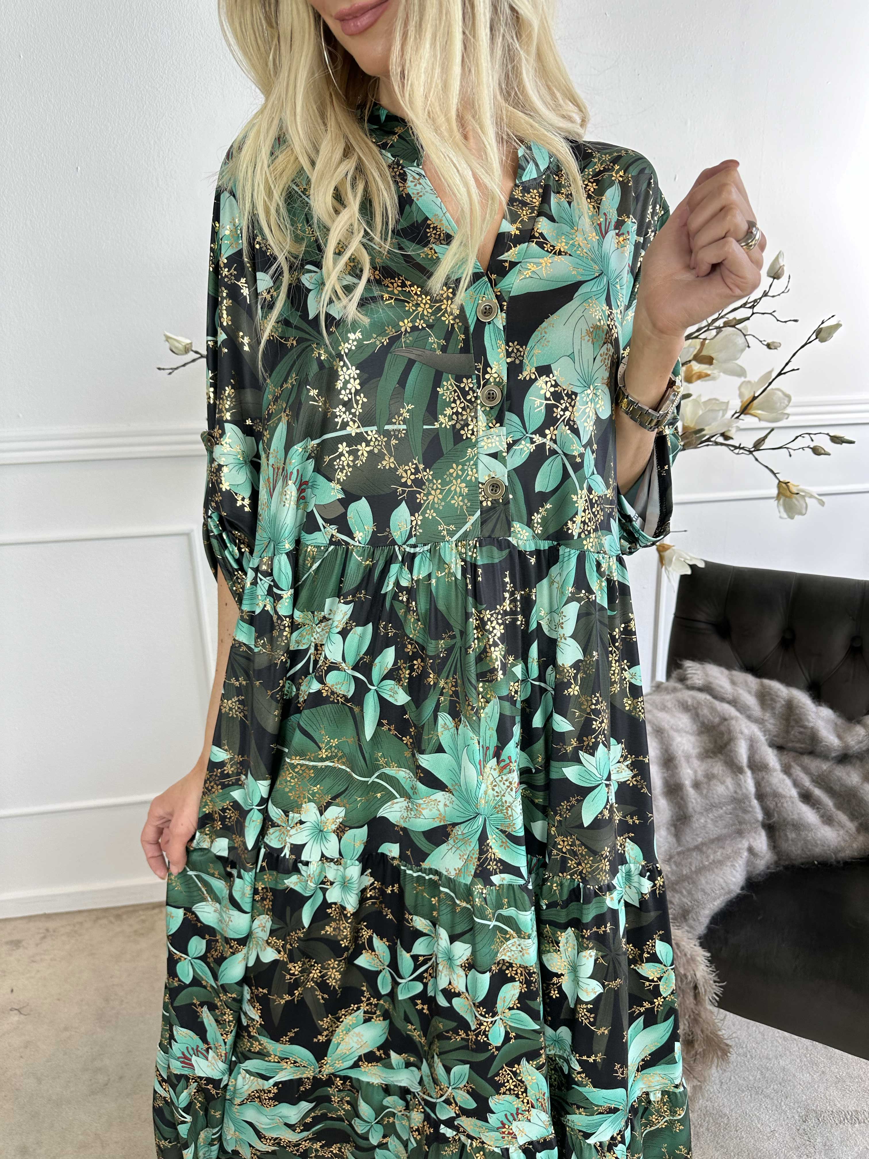 Milano Gold Flower - Lang blomstret kjole med lag på lag look